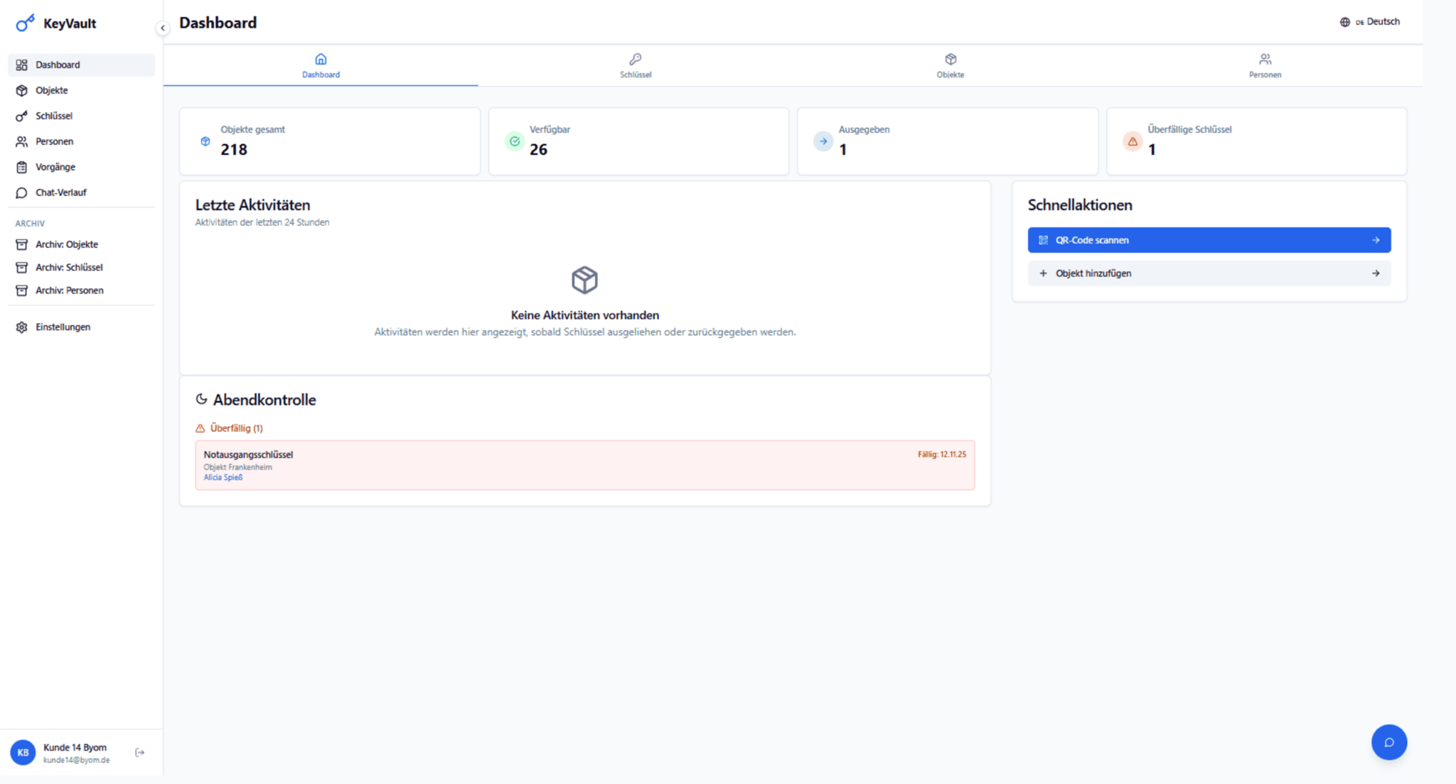 Digitale Schlüsselverwaltung Dashboard mit Schlüsselstatus, Ausgaben und Rückgaben in Echtzeit