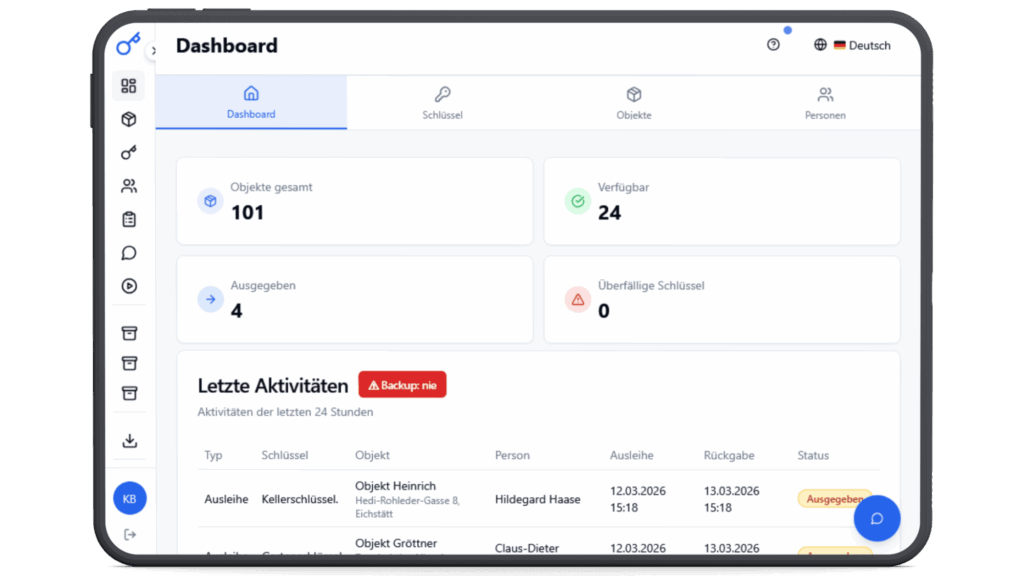 Dashboard der digitalen Schlüsselverwaltung in KeyVault auf einem Tablet mit Übersicht zu Ausgaben, Verfügbarkeit und Aktivitäten