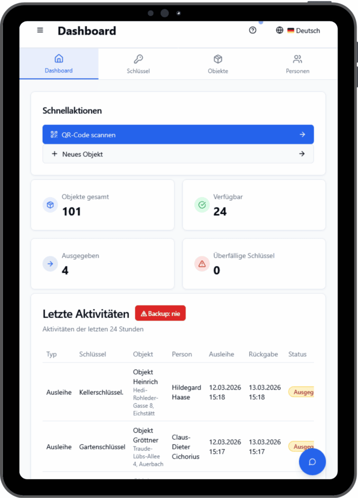 Dashboard der digitalen Schlüsselverwaltung KeyVault auf Tablet mit Übersicht über Schlüssel, Objekte und Ausgaben