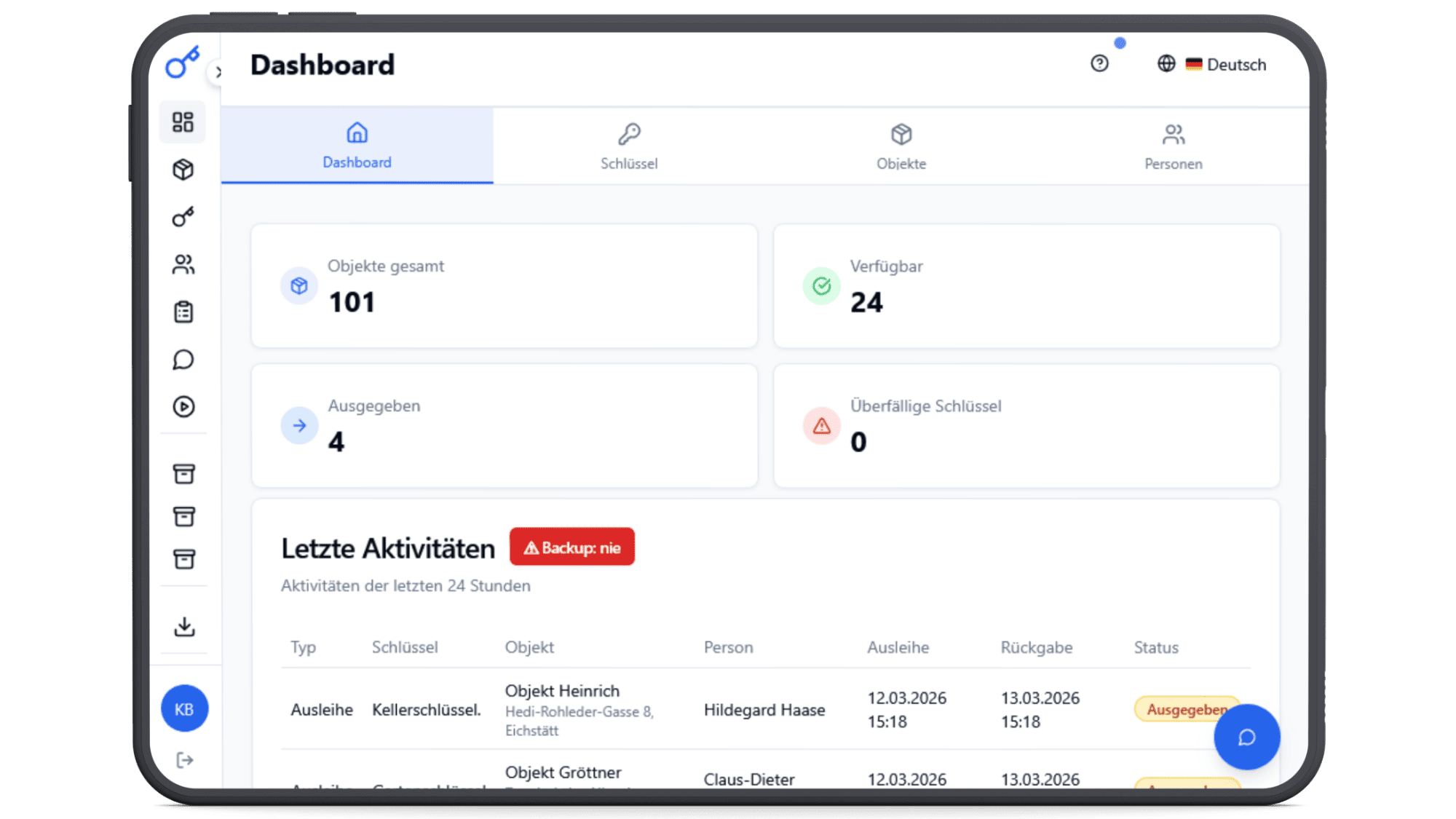 KeyVault Dashboard auf dem Tablet