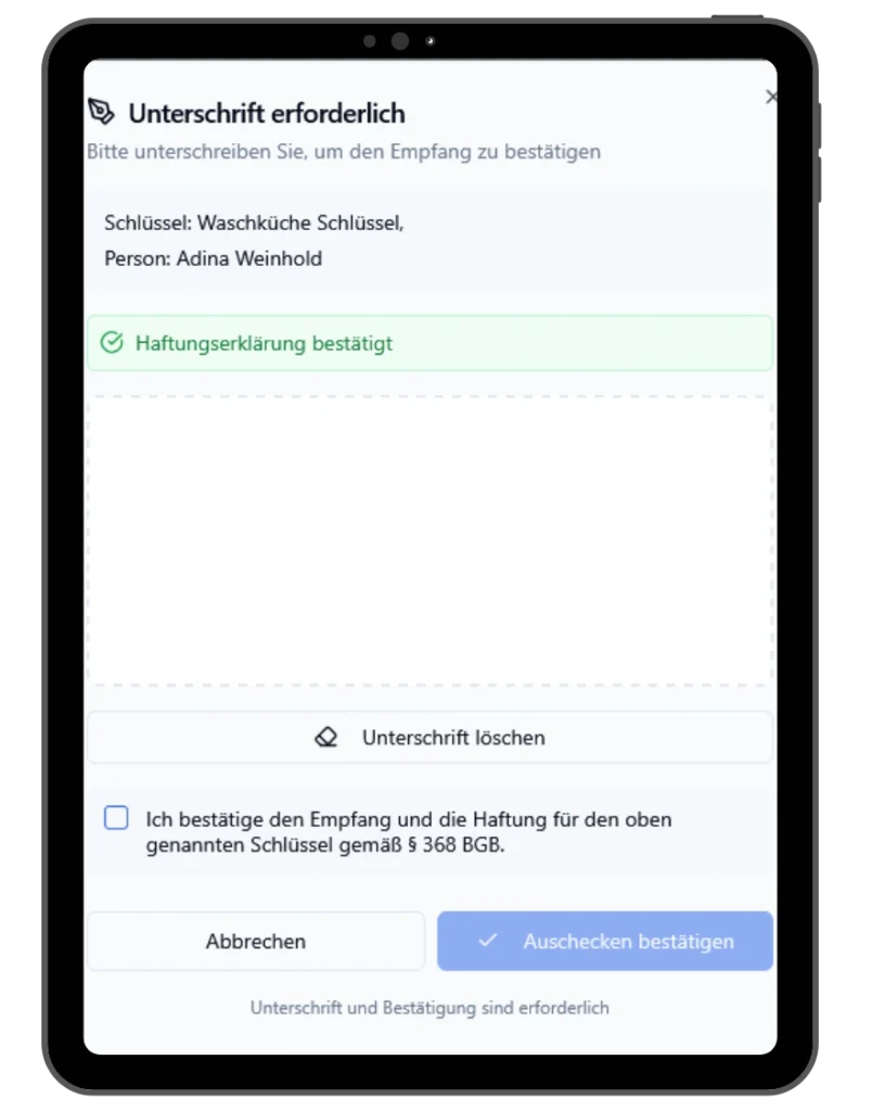 Digitale Unterschrift bei Schlüsselübergabe in der KeyVault Software für Hausverwaltungen