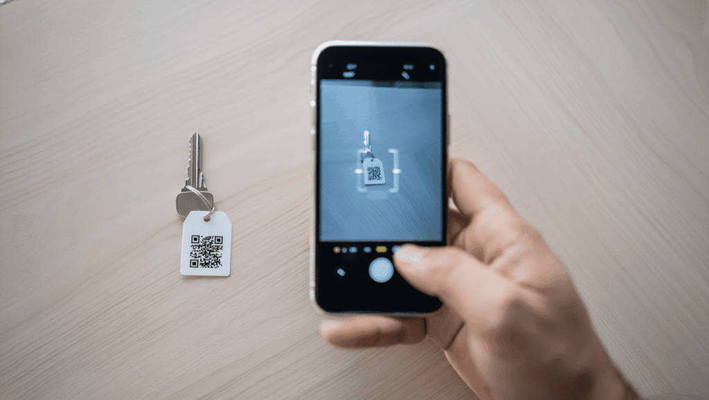 QR-Code an einem Schlüsselanhänger mit dem Smartphone in der digitalen Schlüsselverwaltung scannen