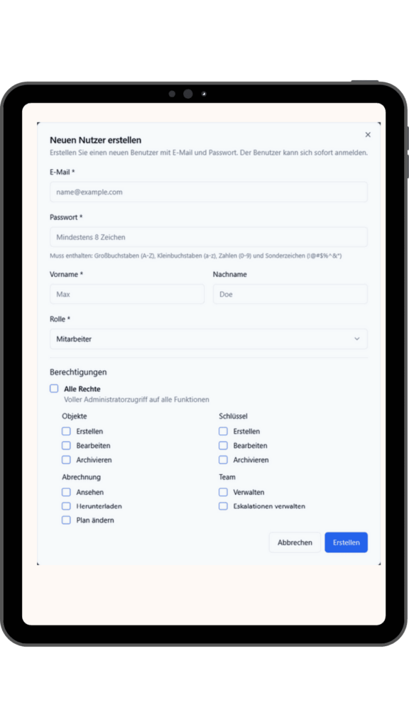 Rollen und Rechte in der digitalen Schlüsselverwaltung mit steuerbaren Benutzerberechtigungen