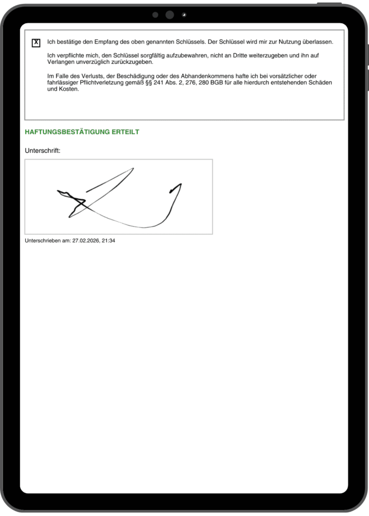 Zweite Seite des PDF-Protokolls mit Haftungsbestätigung und digitaler Unterschrift in KeyVault