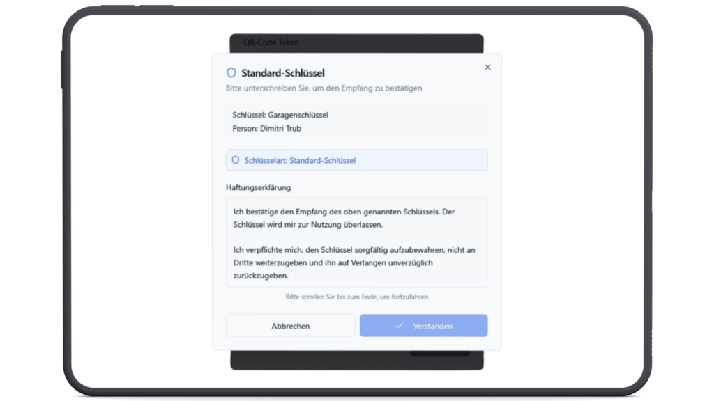 Schritt 3 im Prozess der digitalen Schlüsselverwaltung: Haftung in KeyVault bestätigen