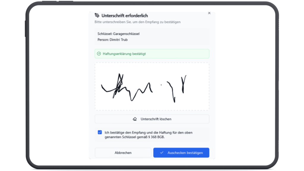 Schritt 4 im Prozess der digitalen Schlüsselverwaltung: digitale Unterschrift in KeyVault erfassen
