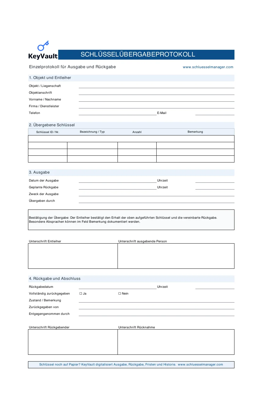 Schlüsselübergabeprotokoll Vorlage PDF: Einzelprotokoll für Ausgabe und Rückgabe